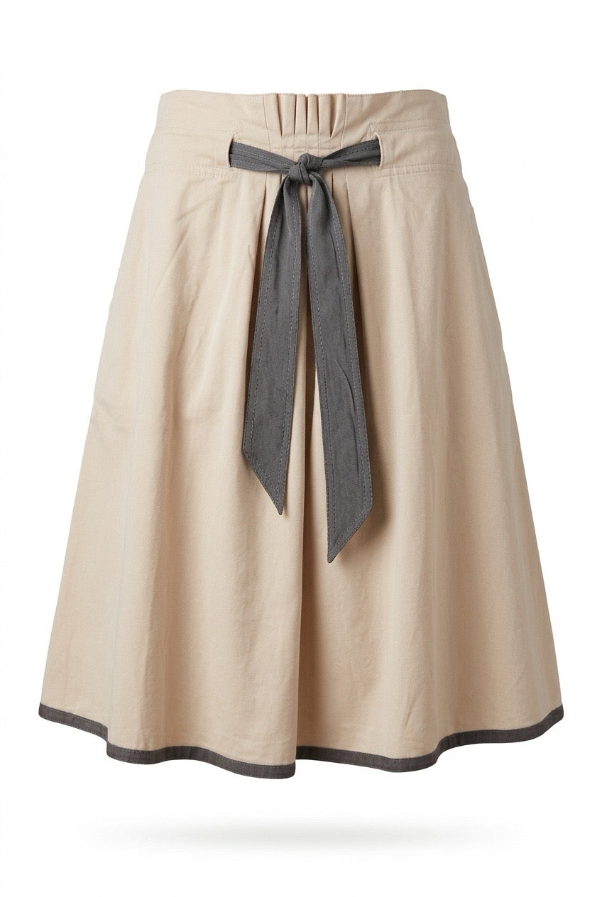 DKNY jupe trapèze beige, plis à la taille, lien et bordure gris anthracite — Seconde Main VestiaireFMR