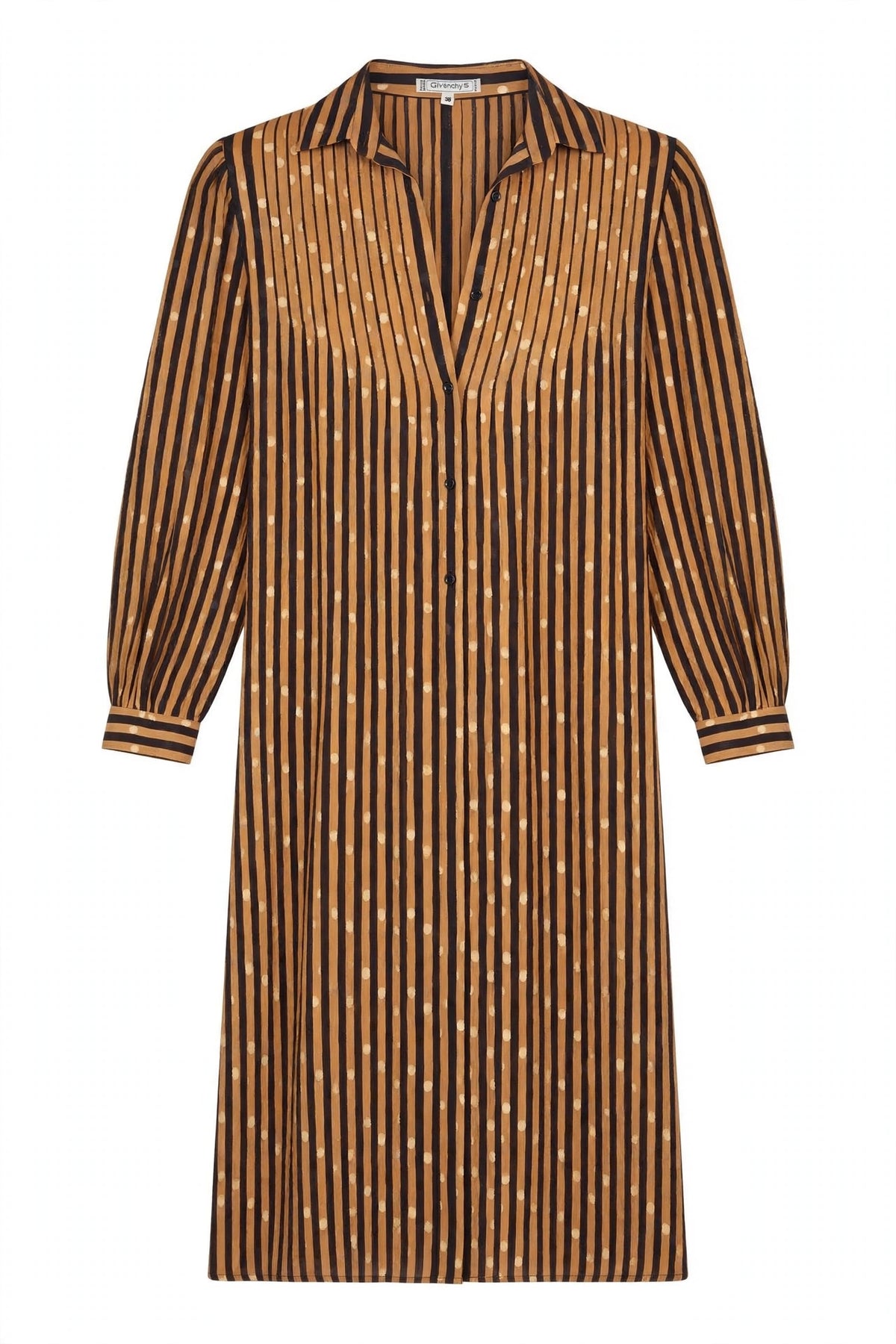 Givenchy robe-chemise en soie rayée camel et noire, col chemisier et manches longues — Seconde Main VestiaireFMR⠋