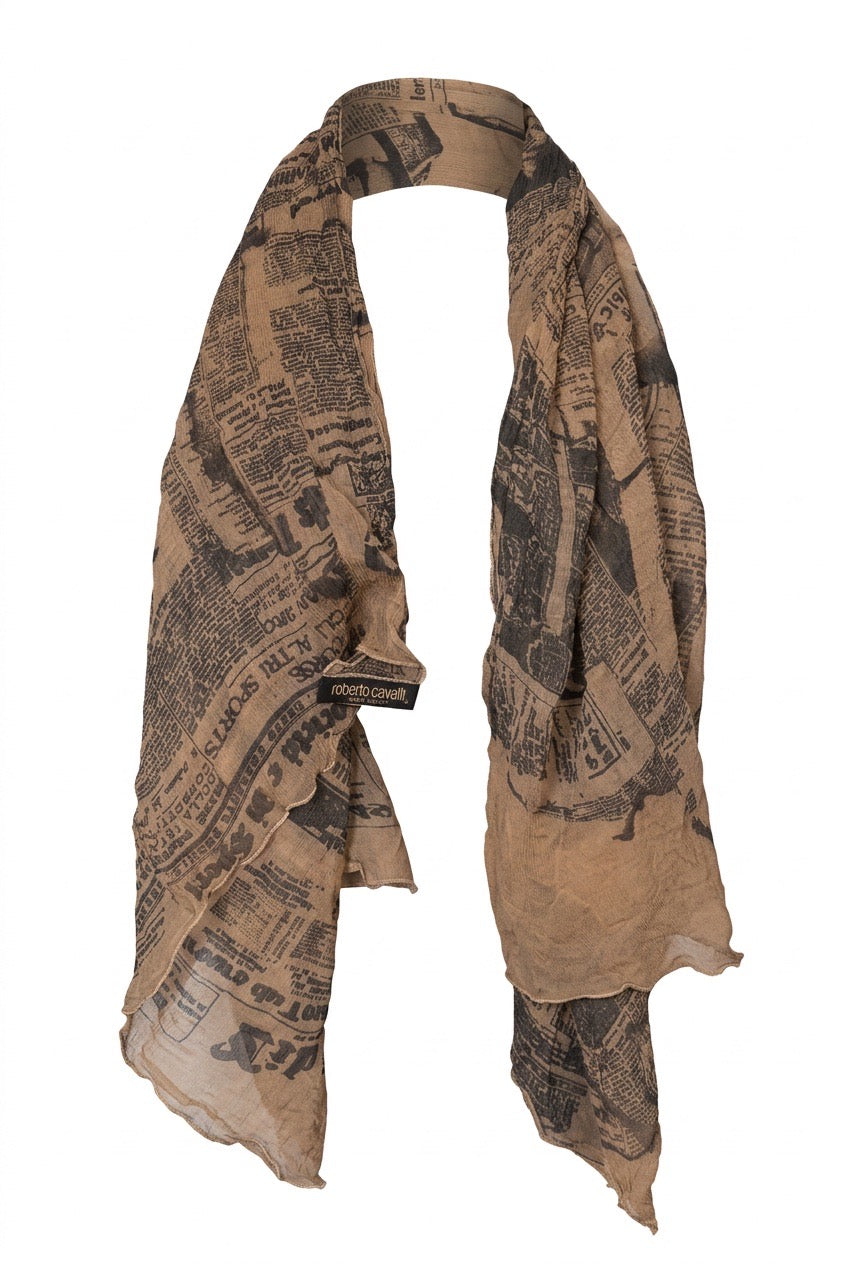 Foulard newspaper marron Roberto Cavalli – Seconde main luxe – VestiaireFMR Genève Suisse