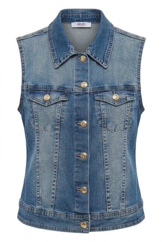 Liu Jo gilet en jean bleu délavé, col pointu, boutons métalliques et poches à rabat — Seconde Main VestiaireFMR