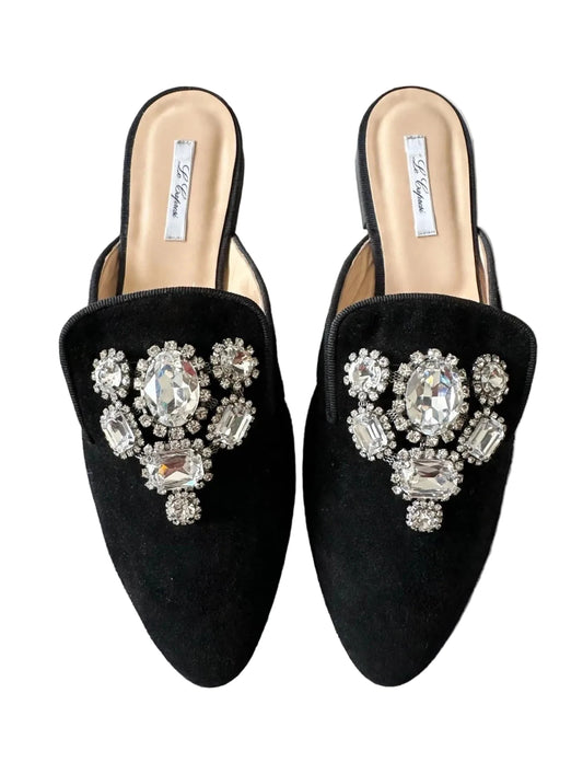 Mules Les Copains en velours noir, plastrons bijoux à cristaux et intérieur beige — Seconde Main VestiaireFMR