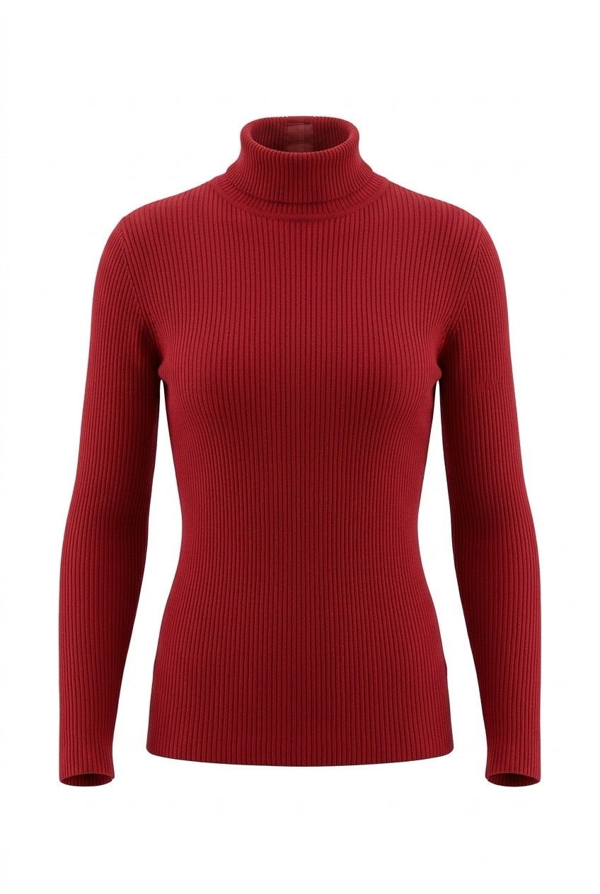 Pull Jacques Fath rouge en soie, maille côtelée, col roulé et manches longues — Seconde Main VestiaireFMR