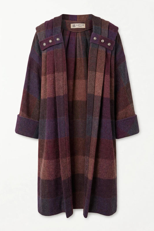Manteau Lanvin vintage à carreaux bordeaux et prune, col large et boutons bijou — Seconde Main VestiaireFMR