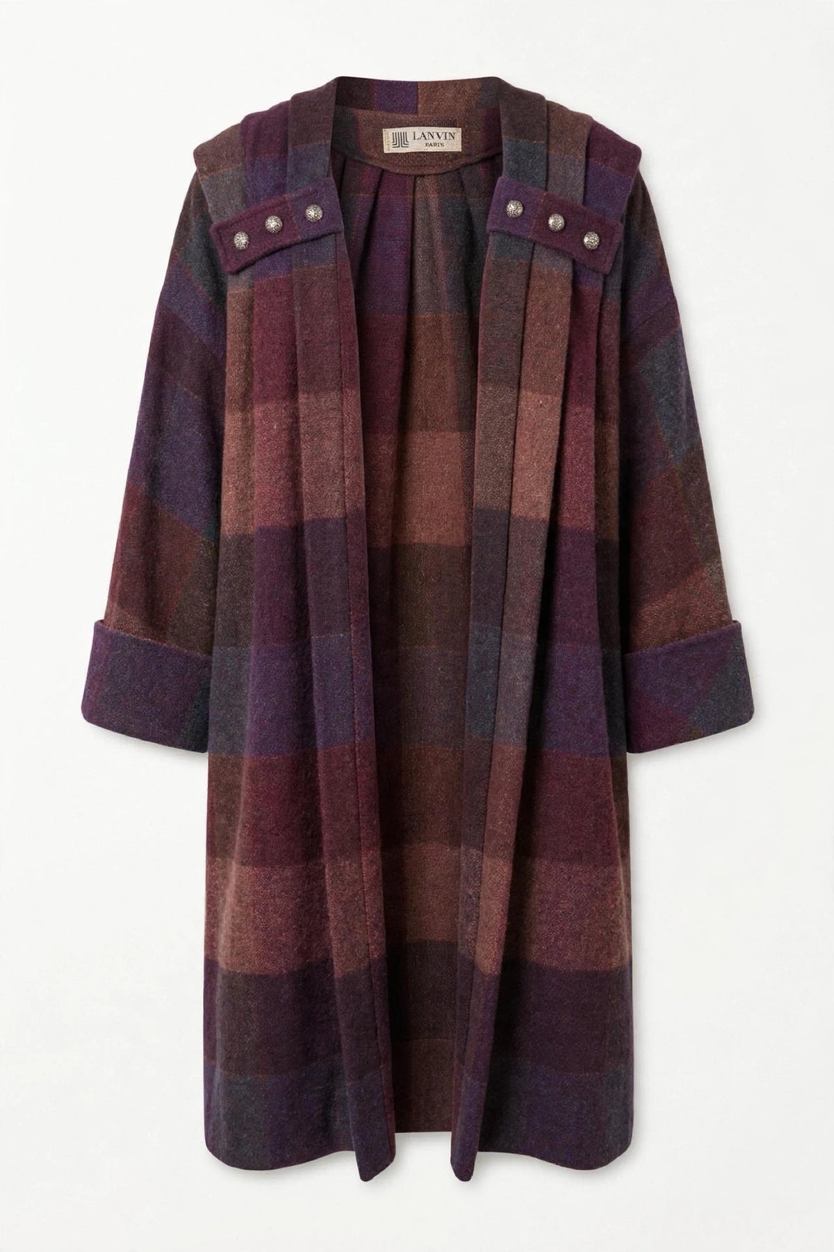 Manteau Lanvin vintage à carreaux bordeaux et prune, col large et boutons bijou — Seconde Main VestiaireFMR