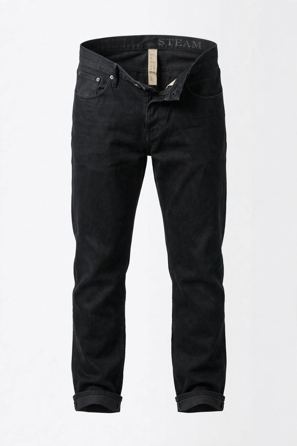 Burberry Brit jean noir délavé, vue de face avec fermeture ouverte et bas retroussés — Seconde Main VestiaireFMR