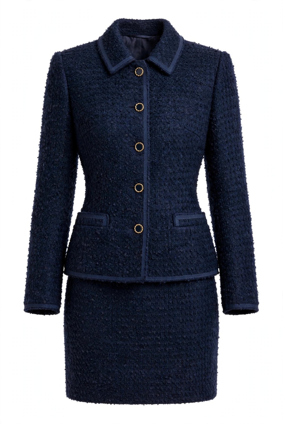 Ensemble Tailleur Bouclé Bleu Marine 100% Laine Vierge - Western Germany 80s
