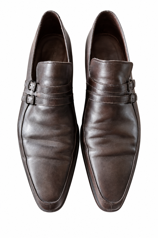 Bottega Veneta chaussures en cuir brun à double boucle et bout carré, vues de dessus — Seconde Main VestiaireFMR
