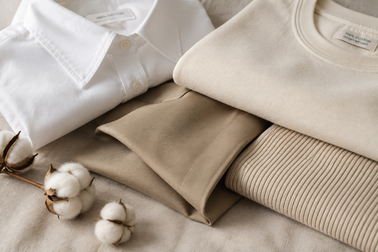 VestiaireFMR : tissus en coton de différents grammages pliés à plat, popeline blanche, maille lourde écrue et gabardine beige