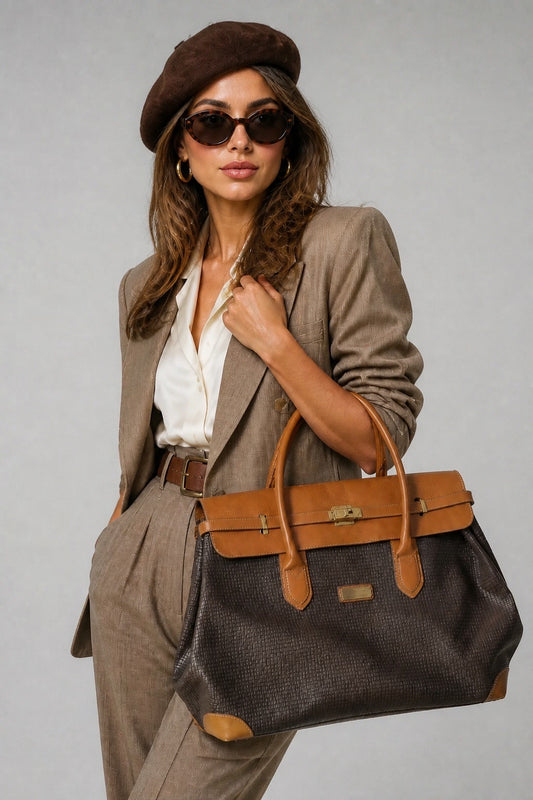 Femme portant un grand sac à main Ted Lapidus vintage – Seconde main luxe – VestiaireFMR Genève Suisse