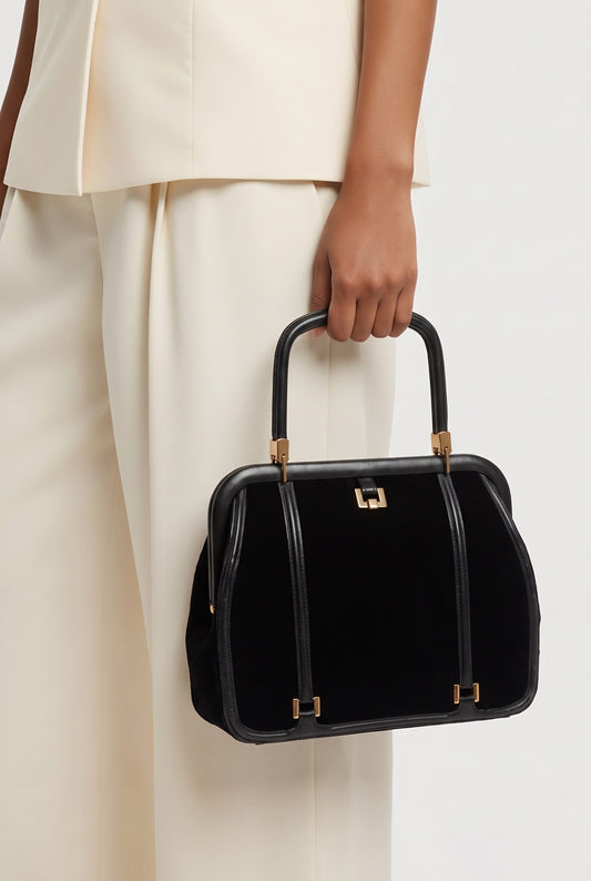 Femme portant un sac à main Loewe cuir et velours vintage – Seconde main luxe – VestiaireFMR Genève Suisse