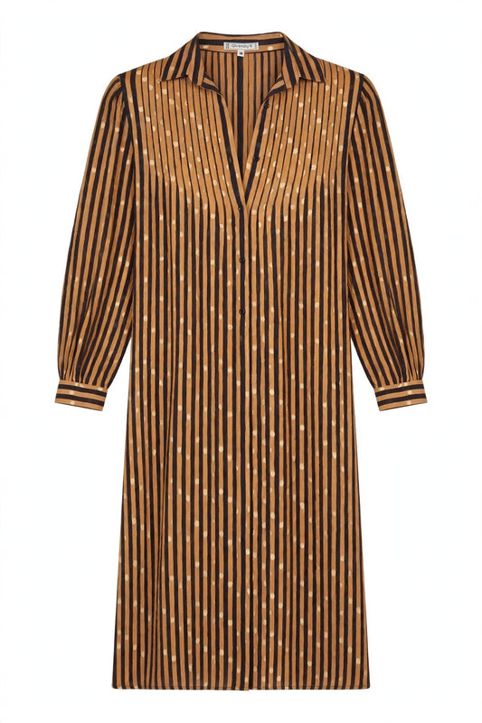 Givenchy robe-chemise en soie rayée camel et noire, col chemisier et manches longues — Seconde Main VestiaireFMR⠋