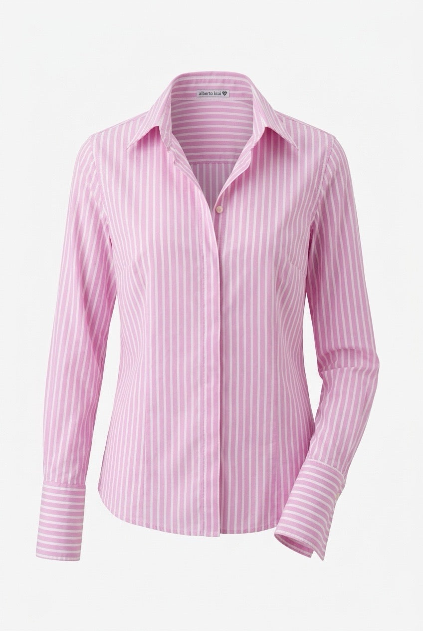Alberto Bini chemise rose à rayures blanches, manches longues, vue de face — Seconde Main VestiaireFMR
