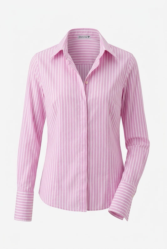Alberto Bini chemise rose à rayures blanches, manches longues, vue de face — Seconde Main VestiaireFMR