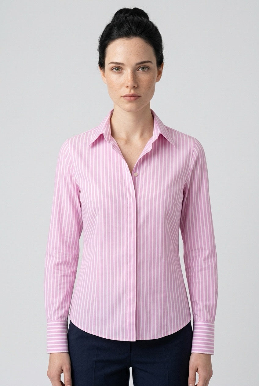 Alberto Bini chemise rose à rayures blanches, portée de face — Seconde Main VestiaireFMR
