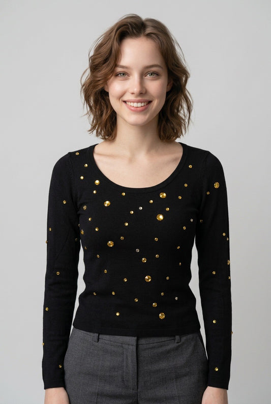 Femme de face portant un pull Sonia Rykiel x H&M vintage – Seconde main luxe – VestiaireFMR Genève Suisse