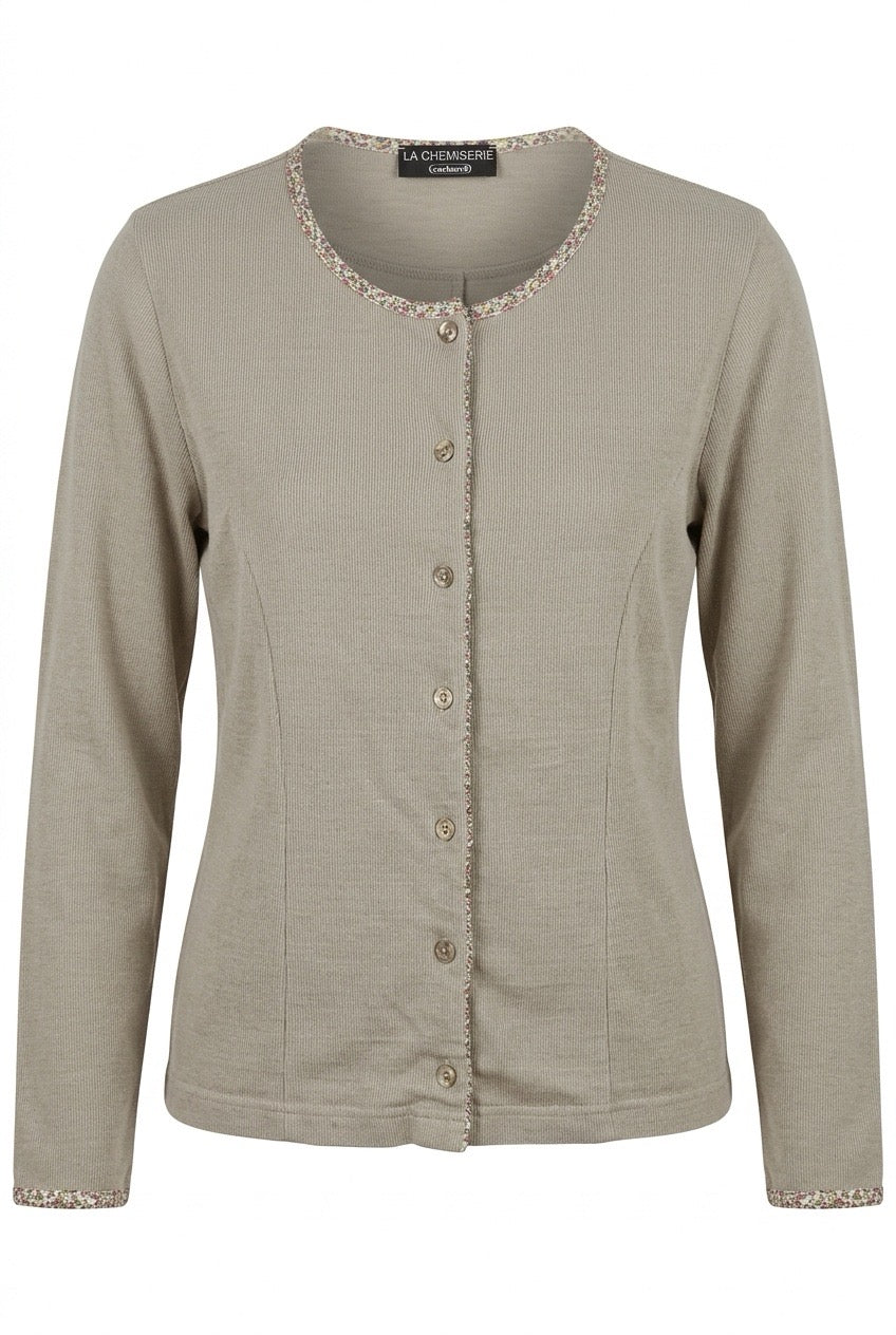 Cacharel cardigan beige à manches longues, bordures décoratives au col et aux poignets — Seconde Main VestiaireFMR