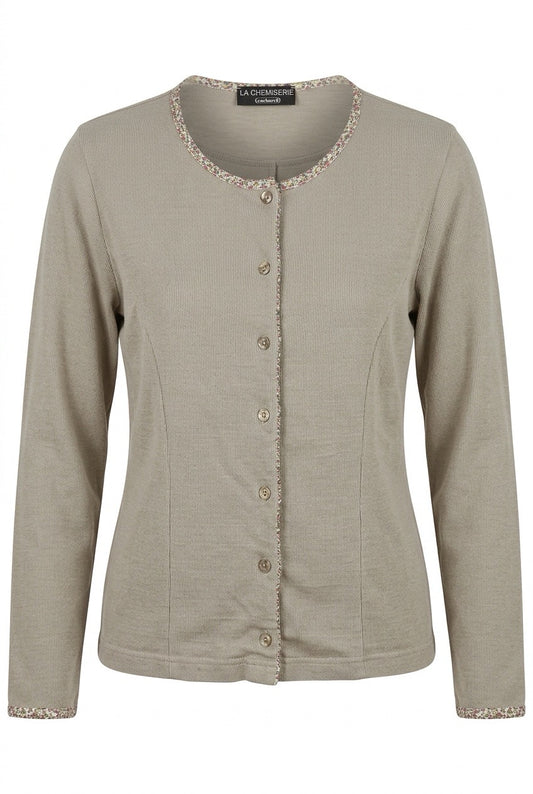 Cacharel cardigan beige à manches longues, bordures décoratives au col et aux poignets — Seconde Main VestiaireFMR