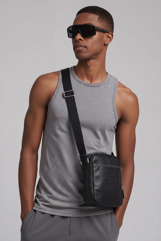 Homme portant un sac à bandoulière de Longchamp maroquinerie homme – Seconde main luxe – VestiaireFMR Genève Suisse