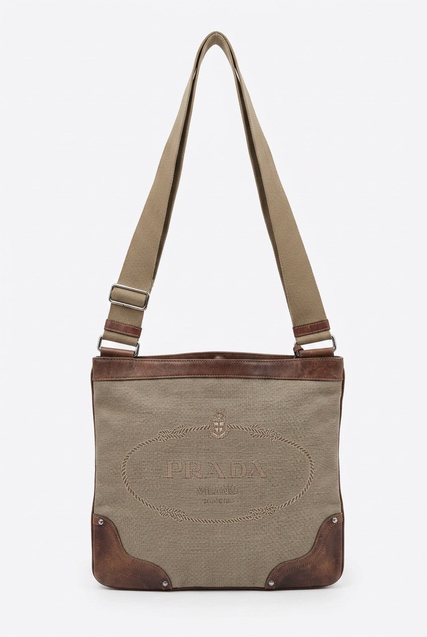 Sacoche vintage en cuir et coton Prada  – Seconde main luxe – VestiaireFMR Genève Suisse