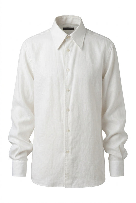 Chemise Versace Classic en lin blanc, col classique, boutonnage clair et manches longues — Seconde Main VestiaireFMR