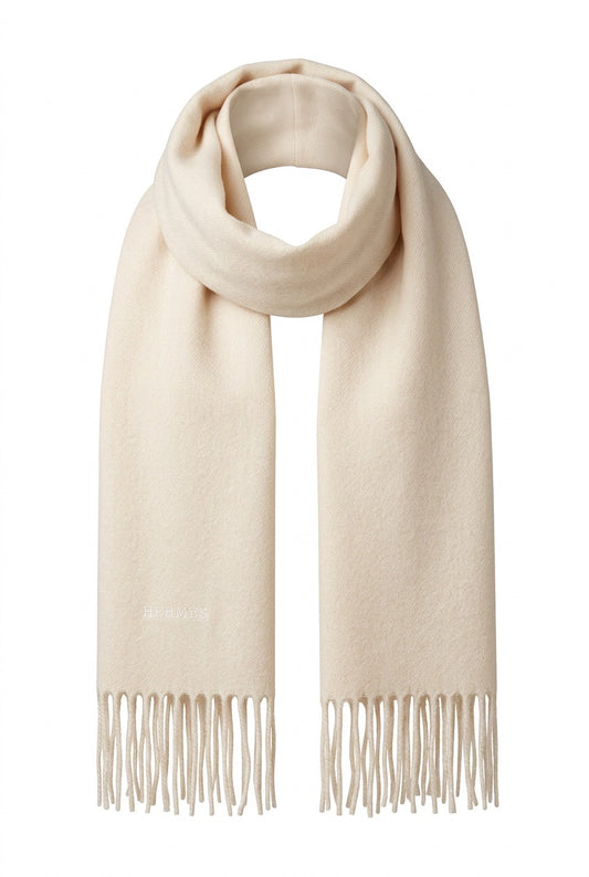 Echarpe unisex en cachemire exclusif blanc cassé Hermès  – Seconde main luxe – VestiaireFMR Genève Suisse