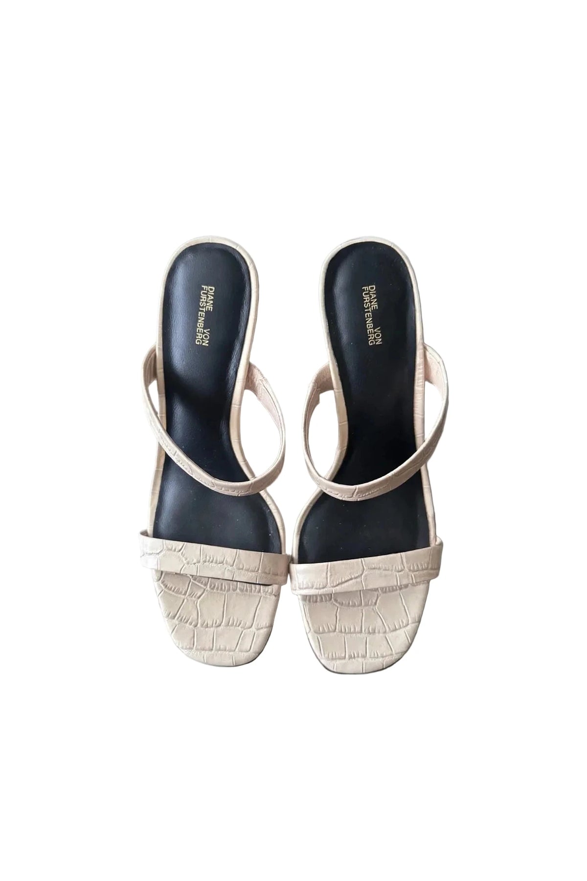 Sandales Diane von Furstenberg Vivienne, brides en cuir beige effet croco et intérieur noir — Seconde Main VestiaireFMR