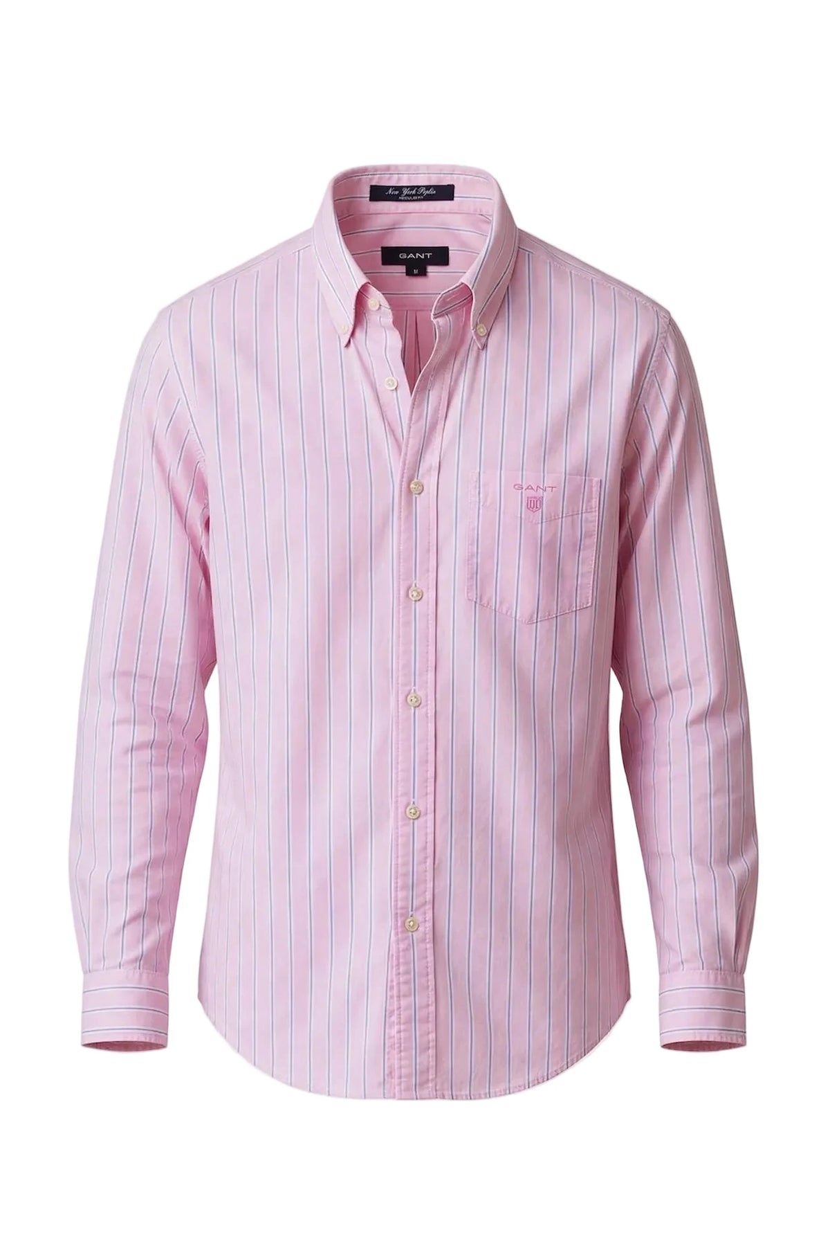 Chemise GANT rose à fines rayures, poche poitrine avec logo rose ton sur ton — Seconde Main VestiaireFMR
