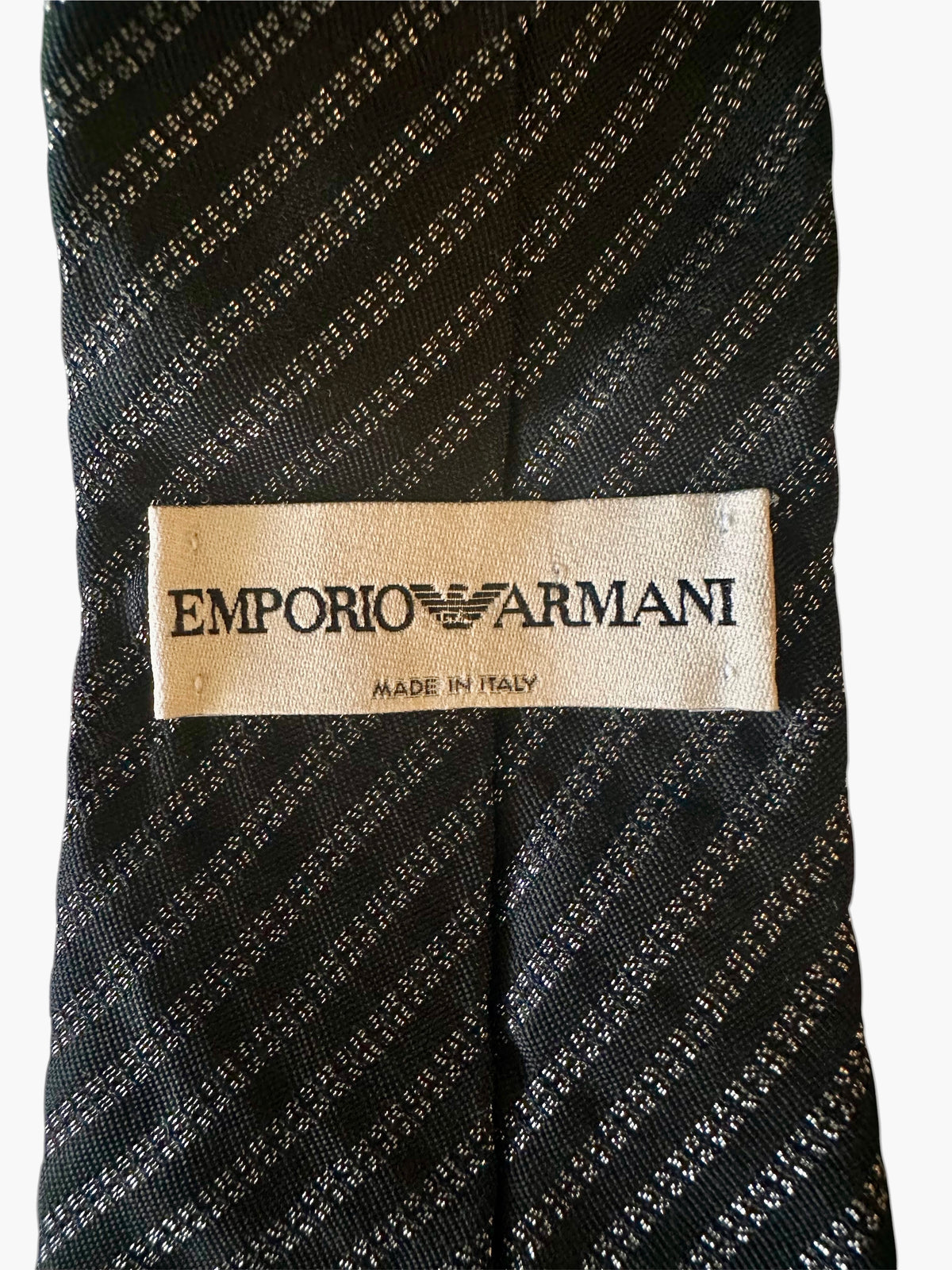 Emporio Armani Cravate Soie Noir Rayures Argentées Made in Italy