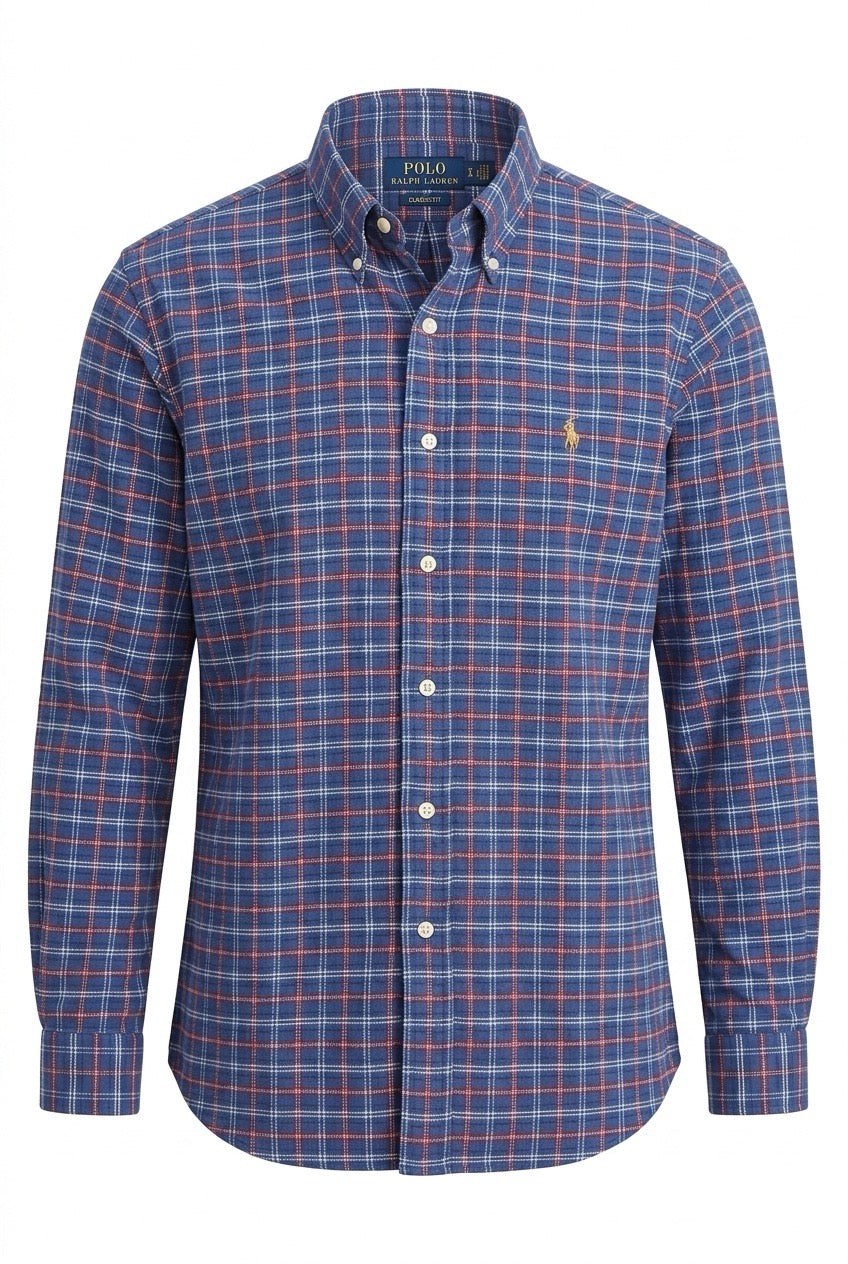 Chemise Polo Ralph Lauren à carreaux bleus et rouges, col boutonné et logo brodé — Seconde Main VestiaireFMR