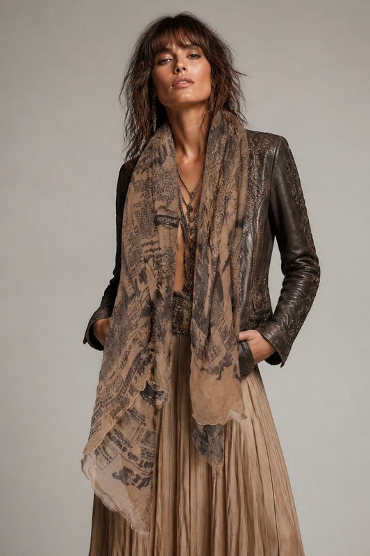 Femme portant un foulard newspaper marron vintage Roberto Cavalli  – Seconde main luxe – VestiaireFMR Genève Suisse