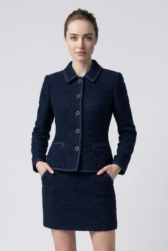 Ensemble Tailleur Bouclé Bleu Marine 100% Laine Vierge - Western Germany 80s