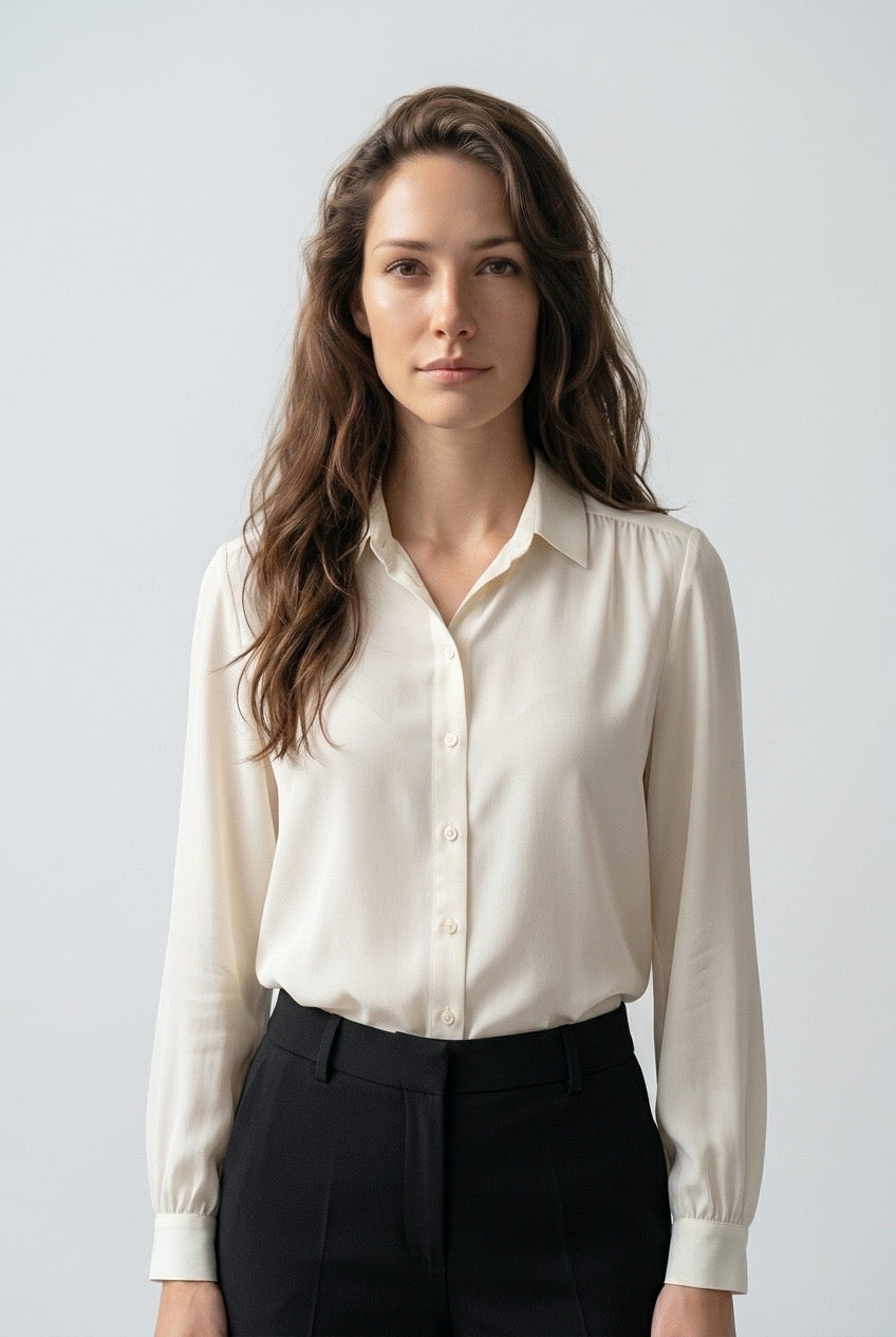 Femme portant un chemisier en soie blanc cassé Alexander - Seconde main luxe - VestiaireFMR Genève Suisse