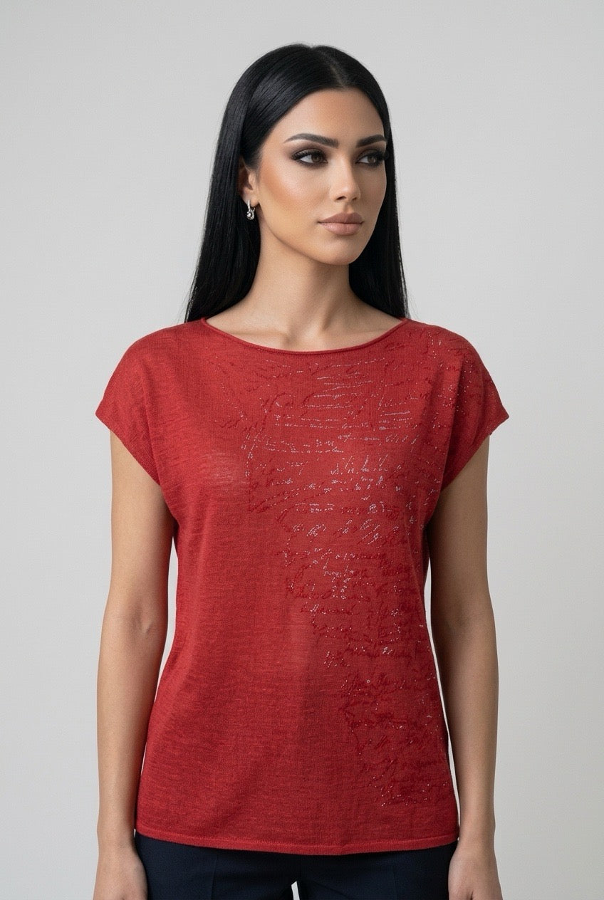 Femme portant un haut rouge en lin Sarah Pacini - Seconde main luxe - VestiaireFMR Genève Suisse