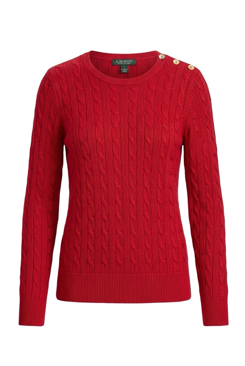 Pull Lauren Ralph Lauren rouge à torsades, col rond et boutons dorés sur l’épaule — Seconde Main VestiaireFMR