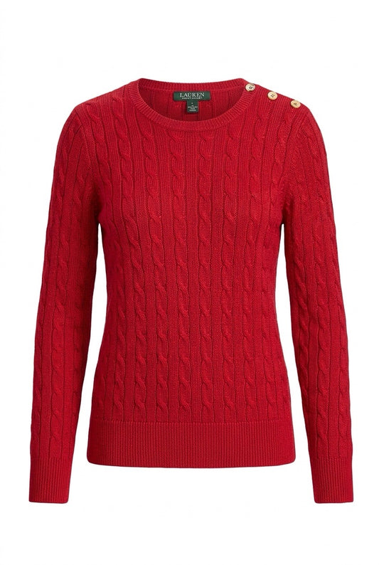 Pull Lauren Ralph Lauren rouge à torsades, col rond et boutons dorés sur l’épaule — Seconde Main VestiaireFMR