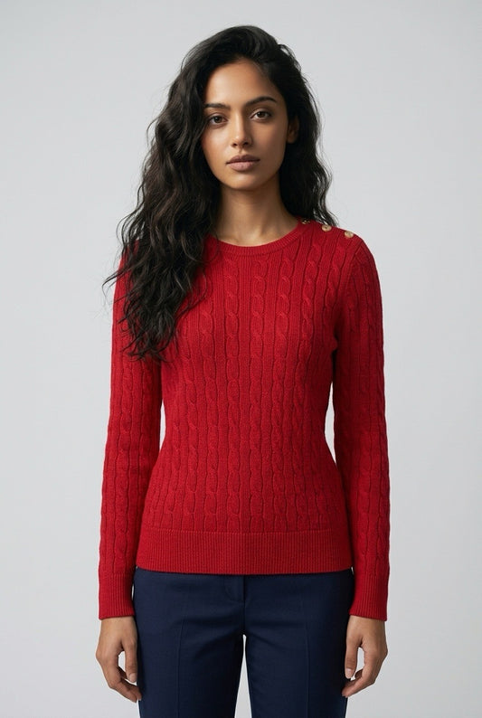 Pull Lauren Ralph Lauren rouge à torsades, col rond et manches longues, porté de face — Seconde Main VestiaireFMR