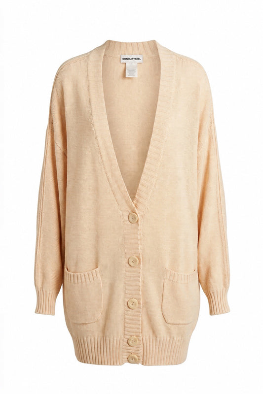 Cardigan long Sonia Rykiel crème, col V, boutons et poches plaquées — Seconde Main VestiaireFMR