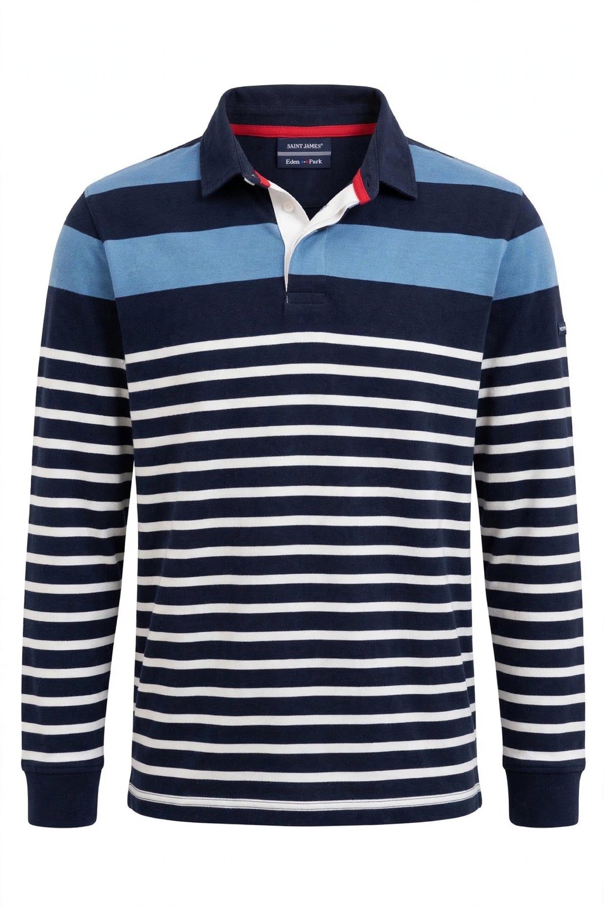 Saint James x Eden Park polo manches longues rayé, col marine et détails rouges — Seconde Main VestiaireFMR