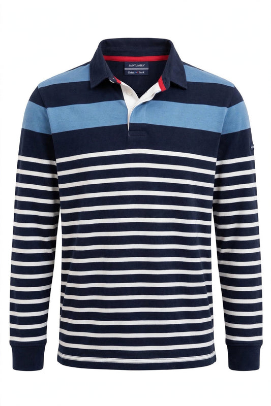 Saint James x Eden Park polo manches longues rayé, col marine et détails rouges — Seconde Main VestiaireFMR