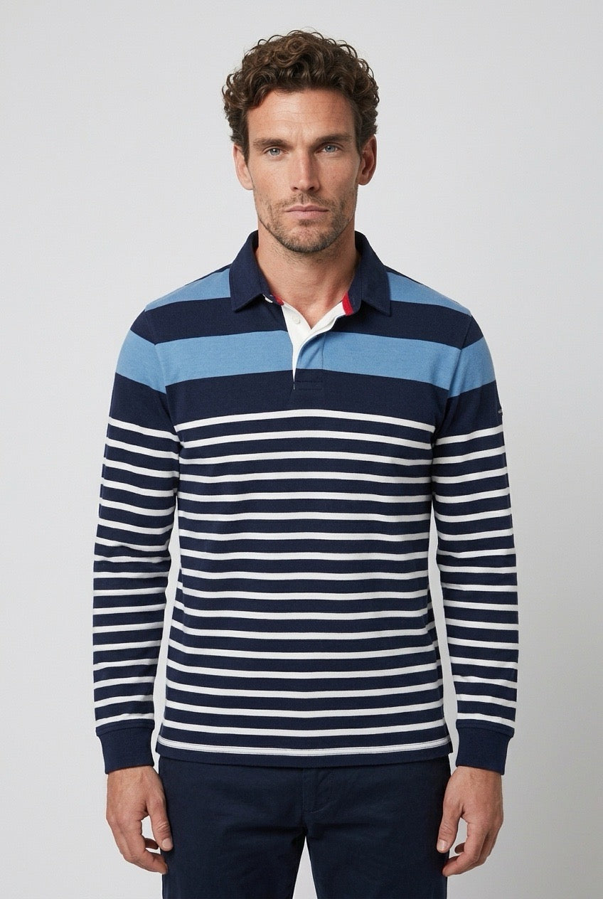 Saint James x Eden Park polo rayé marine, blanc et bleu clair, porté de face — Seconde Main VestiaireFMR