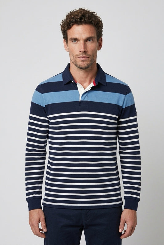 Saint James x Eden Park polo rayé marine, blanc et bleu clair, porté de face — Seconde Main VestiaireFMR