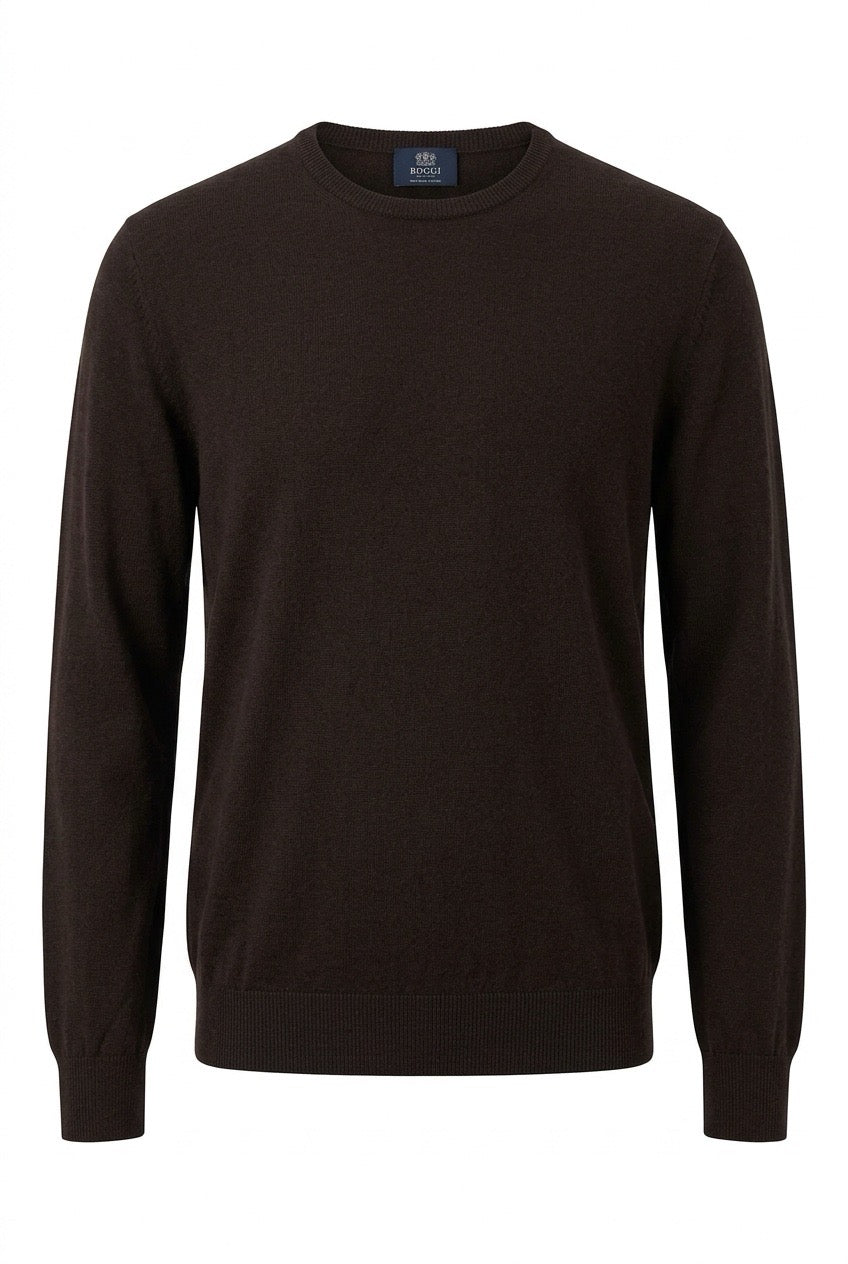 Boggi Milano pull brun chocolat, col rond, poignets et bas côtelés, vue de face — Seconde Main VestiaireFMR
