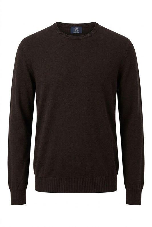 Boggi Milano pull brun chocolat, col rond, poignets et bas côtelés, vue de face — Seconde Main VestiaireFMR