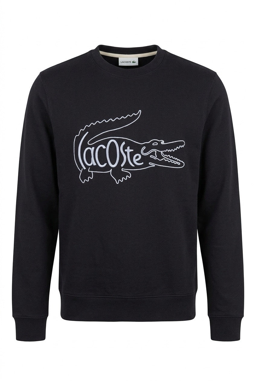 Lacoste sweat bleu marine à col rond, crocodile brodé en contour et lettrage intégré — Seconde Main VestiaireFMR⠋