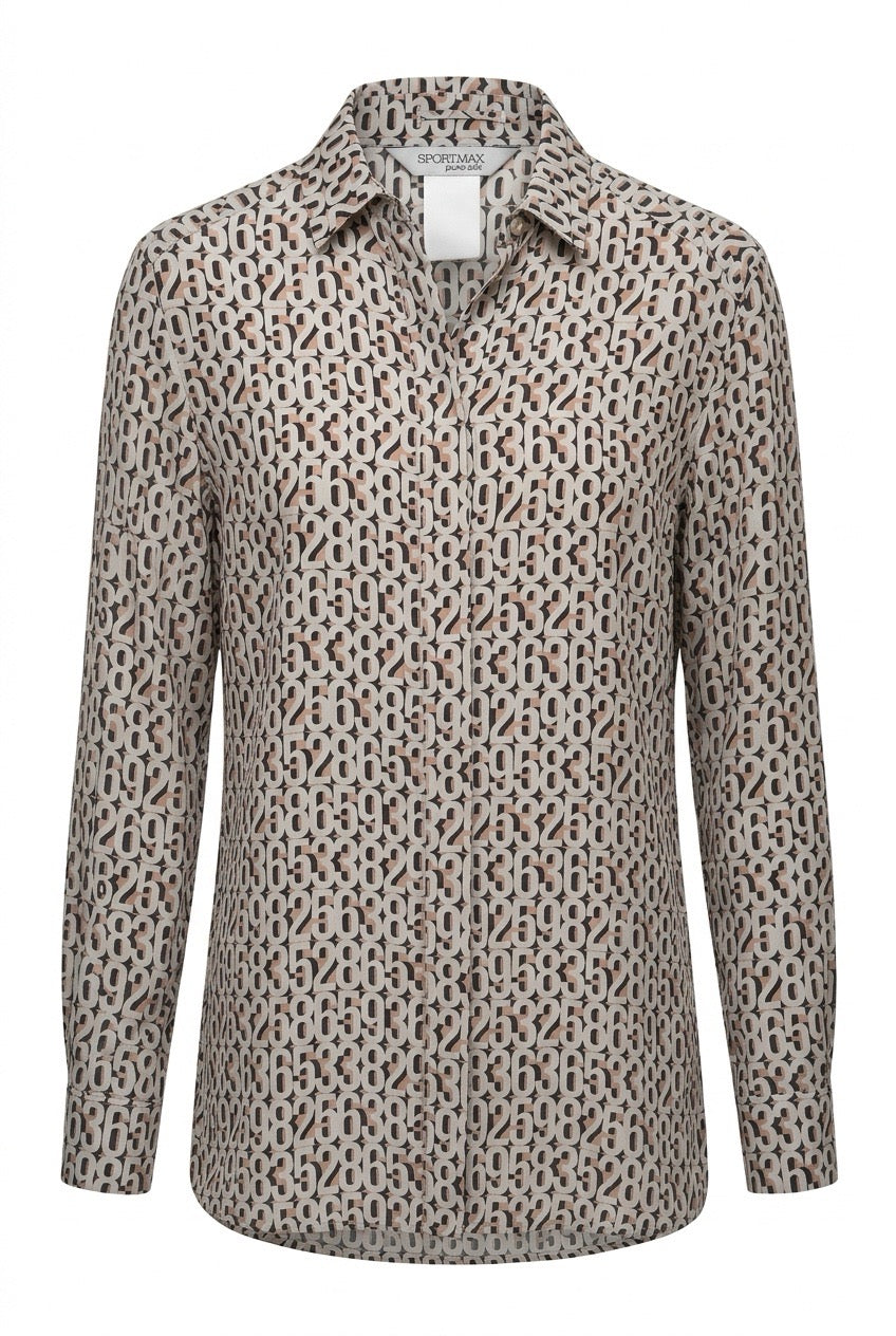 Sportmax chemise en soie à chiffres entrelacés, col pointu et manches longues — Seconde Main VestiaireFMR