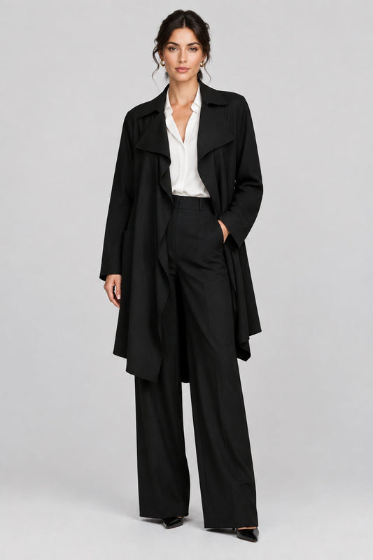 Max Mara tailleur noir porté, veste longue ouverte et pantalon large avec chemise blanche — Seconde Main VestiaireFMR