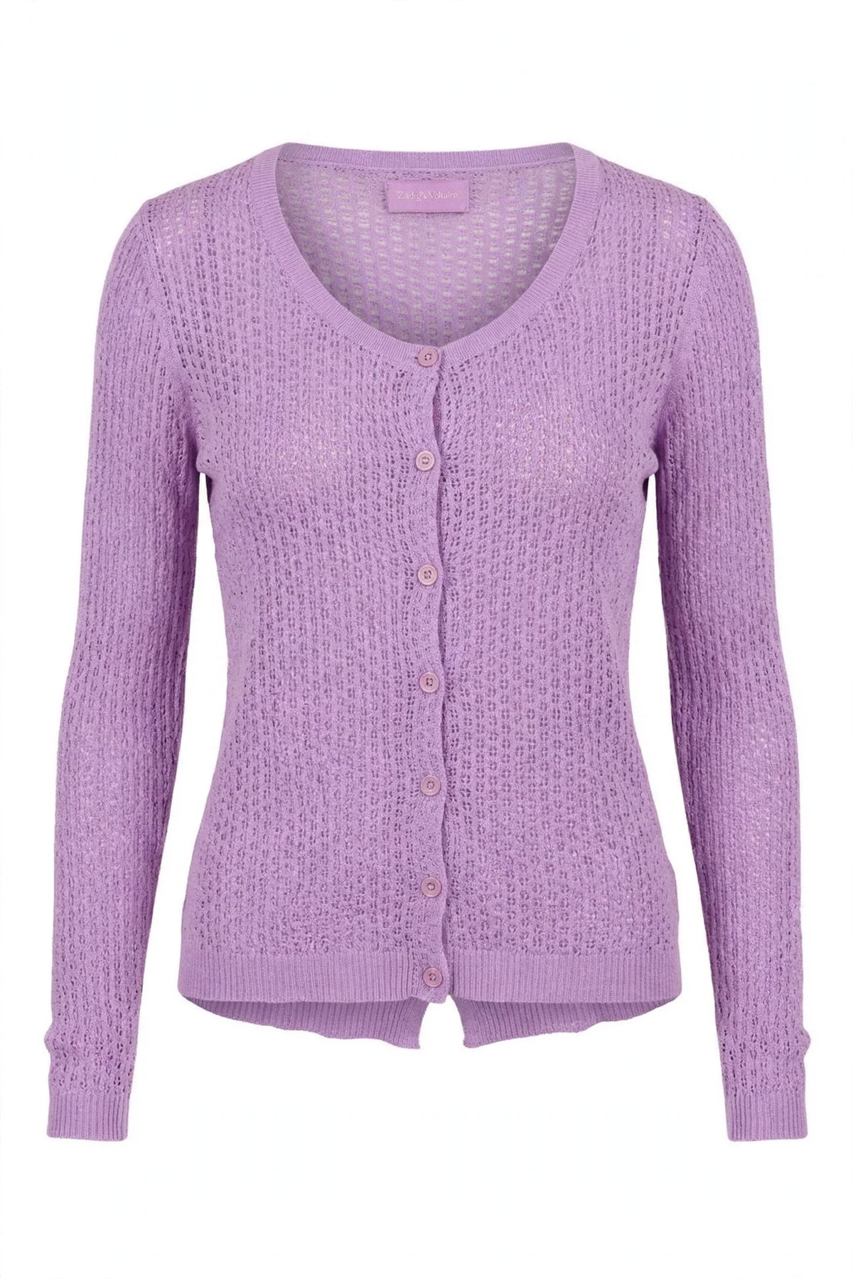Zadig & Voltaire cardigan lilas à maille ajourée, col rond et boutons ton sur ton — Seconde Main VestiaireFMR