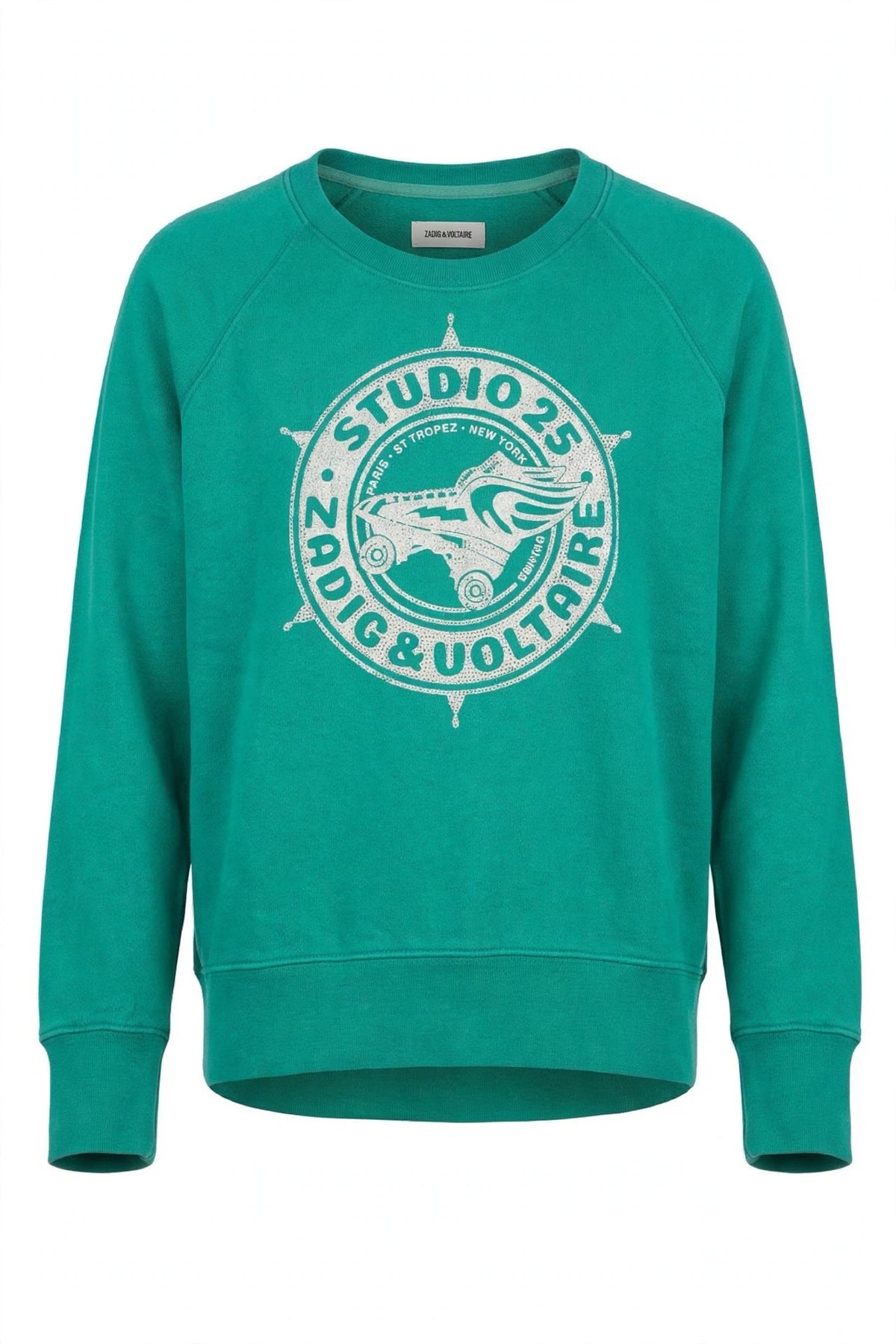 Zadig & Voltaire sweat vert émeraude, col rond et motif circulaire Studio 25 blanc — Seconde Main VestiaireFMR