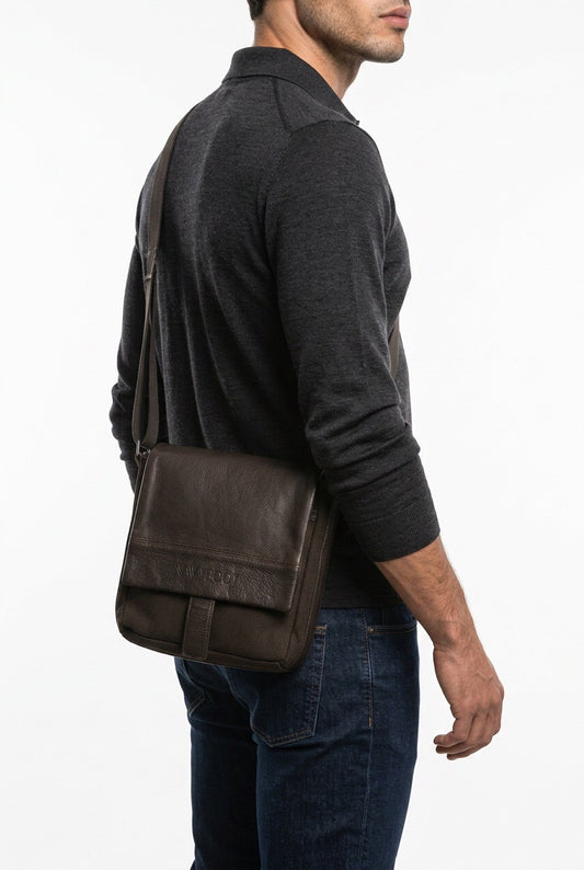 Homme portant un sac en bandoulière Navyboot maroquinerie homme – Seconde main luxe – VestiaireFMR Genève Suisse