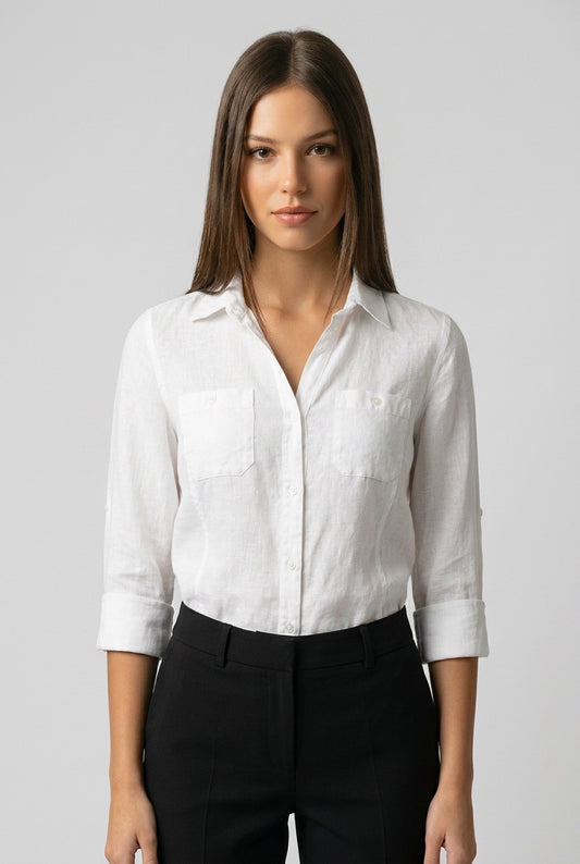 Femme portant une chemise femme en lin Max Mara Weekend – Seconde main luxe – VestiaireFMR Genève Suisse